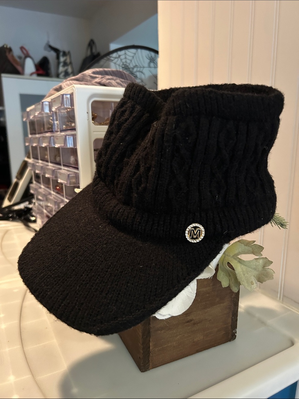 M by Missoni Black Cable-Knit Visor with Branded Emblem